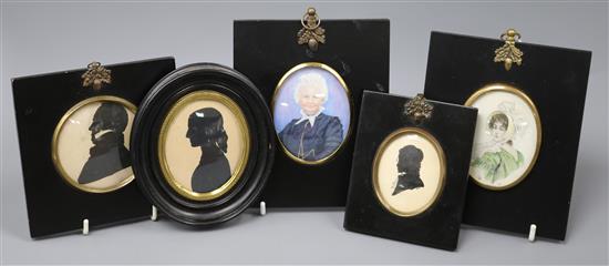 A collection of five miniature portraits and silhouettes